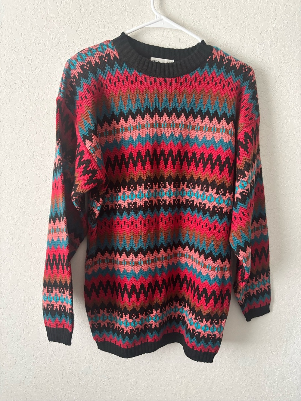 Vintage 80s Silvercord Women’s Sweater S Fair Isle Geometric Pink Teal Korea